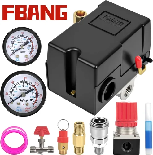 Miniatura 2 de Válvula de control del interruptor de presión del compresor de aire, regulador de presión 90-120PSI con conjunto de accesorios de manómetros