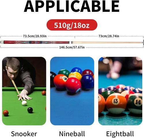 Miniatura 7 de Juego de 5 / 1 tacos de billar para adultos, 58 pulgadas, 18, 19, 20, 21 onzas, palos de billar de madera de arce, 5 colores diferentes