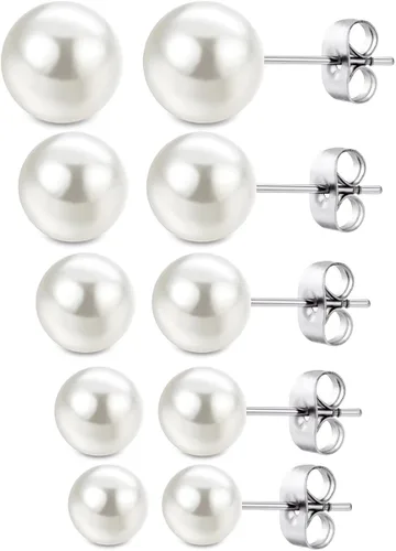 Jewelrieshop Faux Pearl Stud Earrings 5 Pairs Stainless Steel Hypoallergenic Starter Set for Women Girls