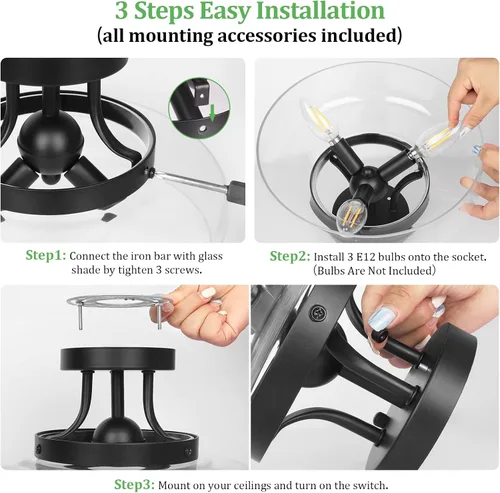 Miniatura 6 de Lámpara de techo industrial moderna semiempotrada con pantalla de vidrio transparente, lámpara de techo negra de 3 bombillas para cocina