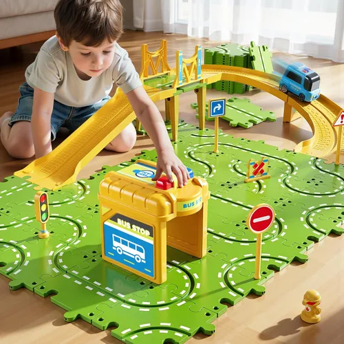 Miniatura 6 de Juego de pista de carreras de rompecabezas grande de 2 niveles para niños de 3 a 5 años, juego de pistas de rompecabezas, juguetes de pistas