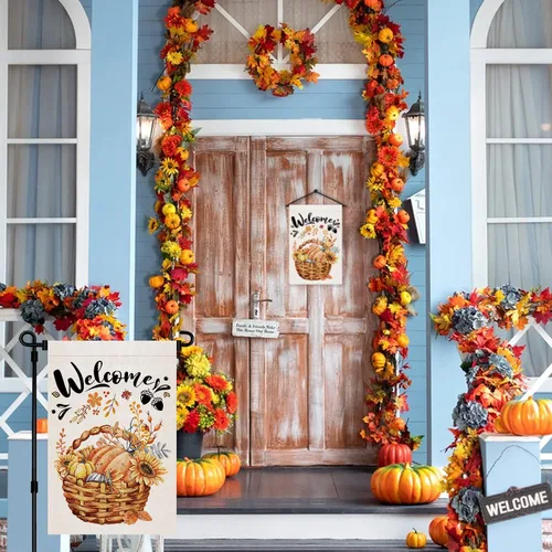 Miniatura 6 de Bandera de jardín de bienvenida de otoño, 12 x 18 pulgadas, doble cara, bandera de jardín de calabaza de Acción de Gracias, bandera vertical