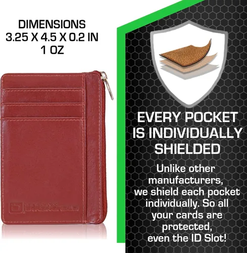 Miniatura 2 de ID STRONGHOLD - Cartera con bolsillo frontal RFID, mini, minimalista, delgada, de piel auténtica con cremallera, Rojo