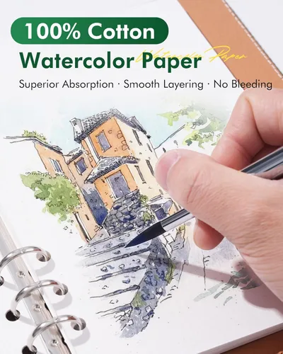 Miniatura 2 de Fuumuui Cuaderno de bocetos de acuarela con pincel de viaje de doble punta, bloc de papel de acuarela, 100% algodón sin ácidos, prensa en frío