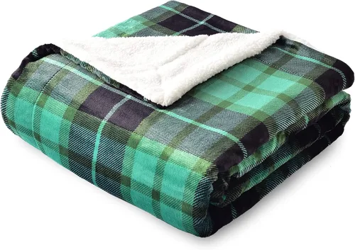 SOCHOW Manta de forro de vellón a cuadros, de doble cara, supersuave y lujosa manta de cama de 60 x 80 pulgadas, color verde