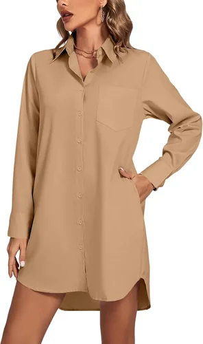 Miniatura 26 de LYANER Vestido camisero para mujer con cuello en V, botones, manga larga y dobladillo curvado