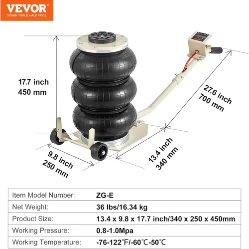 Miniatura 7 de VEVOR Gato de Aire, Gato de Aire de Bolsa Triple de 3T / 6600 lbs, Gato de Bolsa de Aire con Seis Tubos de Acero, Eleva hasta 17.7 pulgadas/450 mm