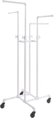 Econoco Pipeline - Perchero de 4 vías, altura ajustable de 48 a 72 pulgadas, perchero con ruedas con 4 brazos, color blanco brillante