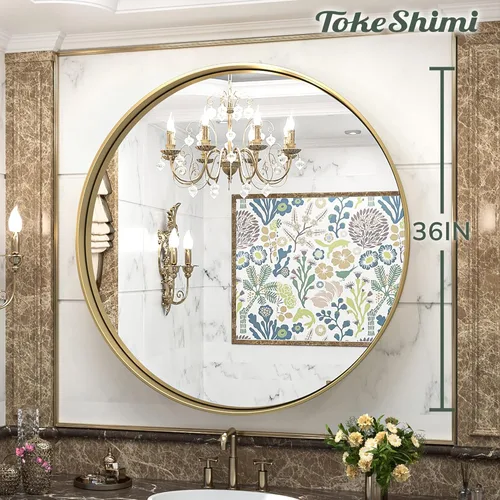Miniatura 7 de TokeShimi Espejo redondo dorado de 36 pulgadas, espejo redondo de baño para pared con aleación de aluminio antioxidante, marco de metal dorado Oro
