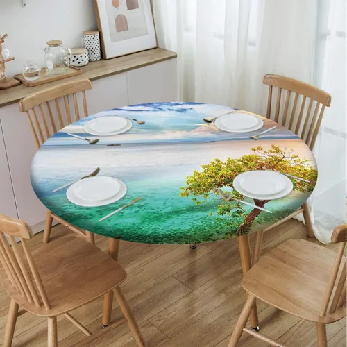 Mantel con patrón de playa, borde elástico, impermeable, lavable, para uso en interiores y exteriores, patio, turquesa aguamarina, para mesas