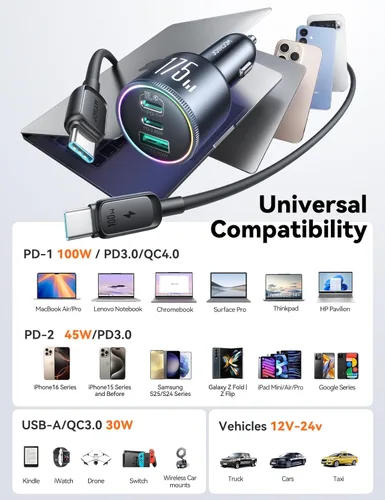 Miniatura 7 de JOYROOM Cargador de coche de 175 W USB C de carga rápida [GaN] Cargador de encendedor de cigarrillos de coche de 3 puertos con cable USBC, cargador