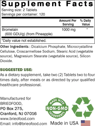 Miniatura 2 de Brieofood Bromelina 1000 mg por porción 240 tabletas - Enzima digestiva proteolítica - Apoya la digestión saludable, la salud de las articulaciones