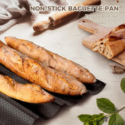 Miniatura 2 de KITESSENSU Moldes antiadherentes para baguettes para hornear pan francés, bandeja de panadería perforada para 4 baguettes, 15" x 13", plateado