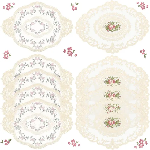 Mixweer 10 manteles individuales de encaje beige ovalados bordados para mesa, manteles individuales retro franceses de ganchillo para boda, fiesta