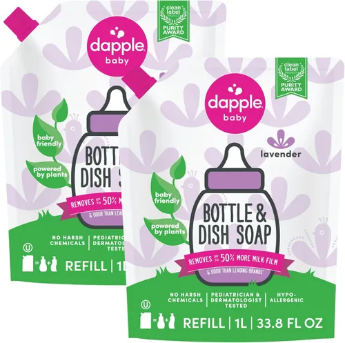 Dapple Bolsa de repuesto para biberones y platos de lavanda para bebés, paquete de 2, 33.8 onzas líquidas, limpiador alimentado por plantas para
