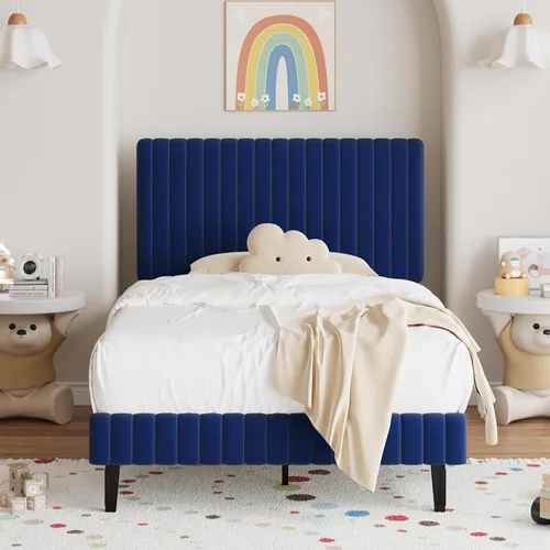 BarnFurin Marco de Cama Individual/Cama de Plataforma Tapizada de Terciopelo con Cabecero y Pie de Cama Capitoné de Canal Vertical Ajustable/No Azul