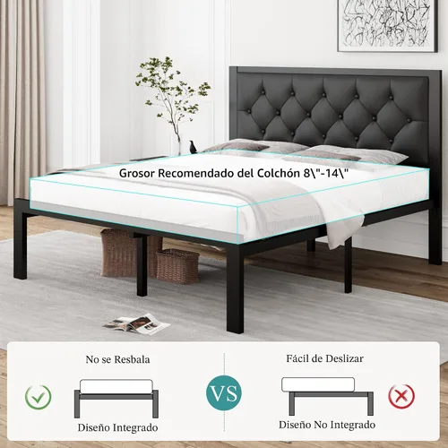 Miniatura 6 de iPormis Marco de Cama de Metal Completo, Marco de Cama Plataforma de Cuero Sintético con Cabecera Capitoné con Botones, 12" de Espacio Bajo la Cama