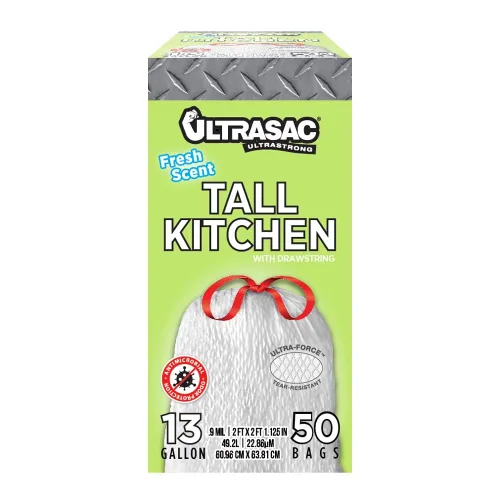 Ultrasac Bolsas de basura de cocina altas con cordón blanco de 13 galones de 0.9 milésimas de pulgada de grosor y aroma fresco – 24 x 25 pulgadas –