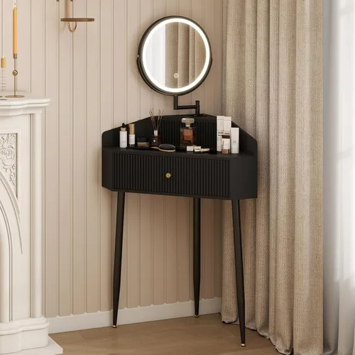 Miniatura 10 de ARTETHYS Escritorio pequeño con espejo y luces, tocador de maquillaje compacto blanco con silla, moderno tocador que ahorra espacio con cajón