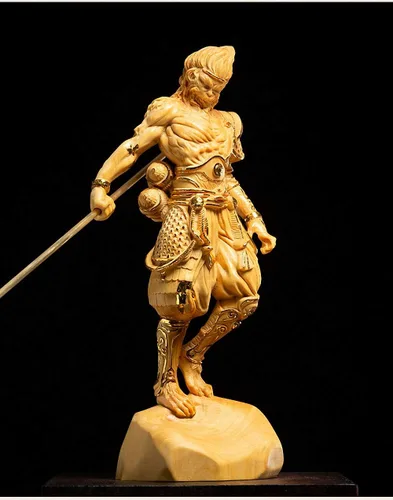 Miniatura 2 de Estatua de rey mono Wukong tallada en madera de boj natural (chapado en oro)