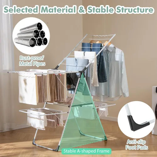 Miniatura 4 de Giantex Estante de secado de ropa, 2 capas de acero inoxidable plegable, con altura ajustable de 6 niveles, clips útiles, ahorro de espacio, Blanco