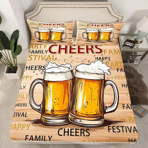 Miniatura 4 de Juego de sábanas temáticas de animación y cerveza, tamaño individual, juego de ropa de cama de 3 piezas con diseño de taza de cerveza de dibujos