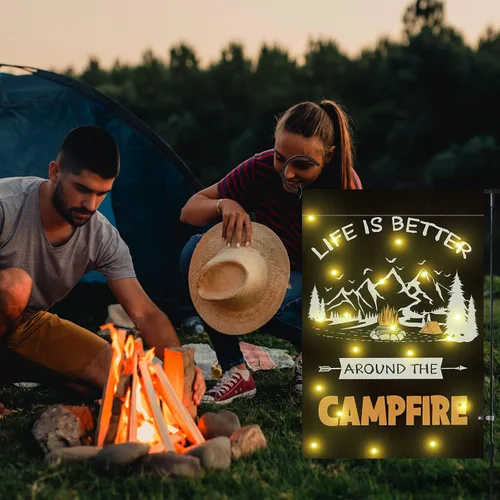 Miniatura 7 de Bandera de jardín para campamento con luces LED, 12 x 18 pulgadas, arpillera vertical de doble cara para campamento, hoguera, banderas de jardín
