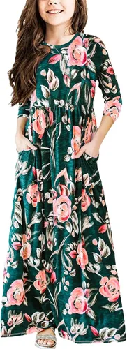 Miniatura 11 de 21KIDS Vestido largo floral de manga larga 3/4 con bolsillos para niñas de 6 a 12 años