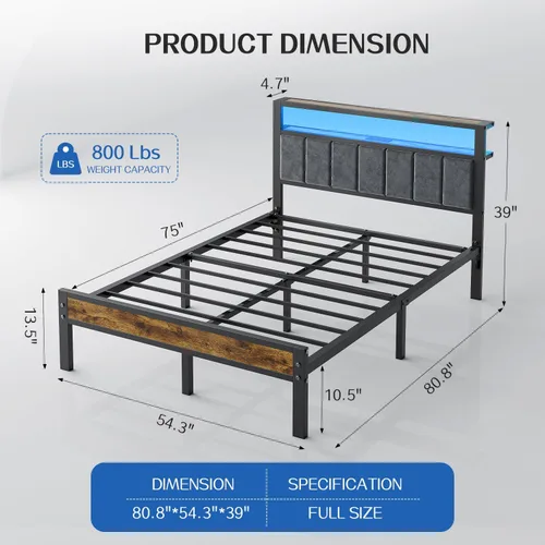 Miniatura 2 de Liians Estructura de cama de plataforma tamaño completo con luces LED, estación de carga, cabecera tapizada gris con estantes de almacenamiento de 2