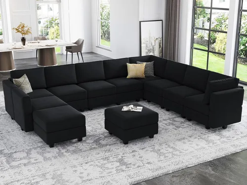 Miniatura 13 de Belffin Sofá modular modular con asiento de almacenamiento, sofá en forma de U de gran tamaño, sofá modular de terciopelo con terciopelo otomano