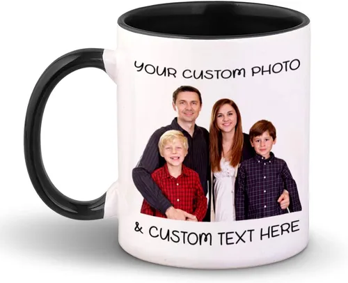 Taza de café con mango de color personalizado, foto personalizada, imagen y texto, taza de té de cerámica de 11 onzas, mango interior negro