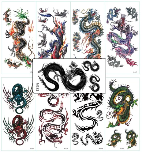 Surtido de 9 hojas de tatuajes temporales de dragón, punk impermeables para mujeres y hombres, recuerdos de fiesta