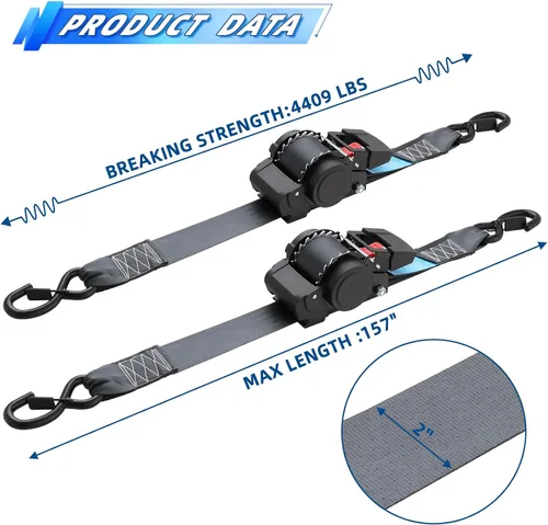 Miniatura 2 de ANLULOAD Paquete de 2 correas de trinquete retráctiles (2 pulgadas x 14.7 pies), correas de carga para maletero, motocicletas de garaje, ATV