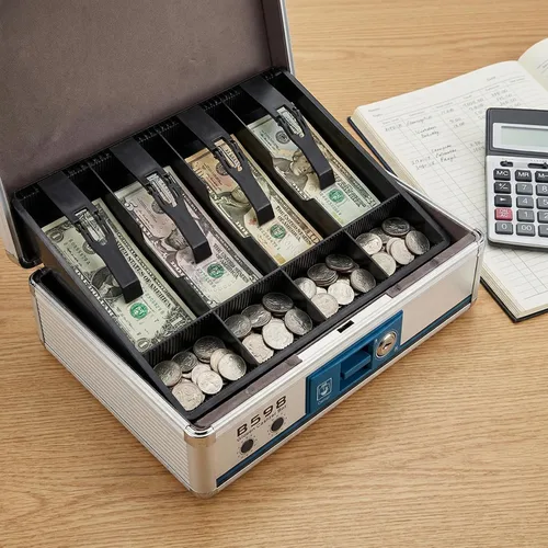 Miniatura 2 de STOBOK Caja de efectivo portátil con doble bloqueo de aluminio, caja de almacenamiento de dinero de 13.22 x 10.82 x 4.33 pulgadas, bandeja