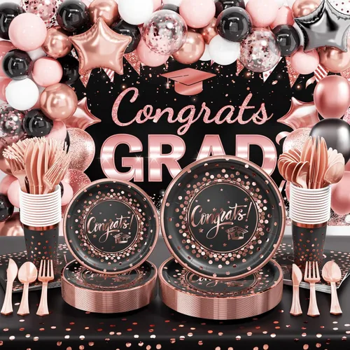 Miniatura 12 de Decoraciones de graduación 2026 – 245 piezas de vajilla desechable de grado (servir 25) y suministros para fiesta de graduación con plato de papel
