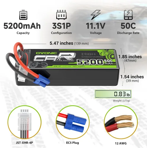 Miniatura 2 de OVONIC 3S Lipo Batería 50C 5200mAh 11.1V Lipo Batería con EC5 Conector para Arrma 1/5 1/8 1/10 RC Coche y Camión