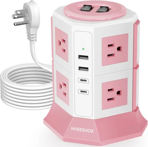 Miniatura 8 de Regleta de Protección contra Sobretensiones Torre Enchufe Plano con 12 Tomas de CA 3 Puertos USB (2 Tipo C), Cable de Extensión Ultra Plano de 6.5