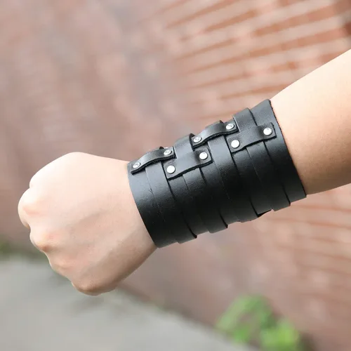 Miniatura 3 de HZMAN Brazalete ancho de cuero para hombre con correa triple y hebilla de cierre de armadura para brazo, 4 filas