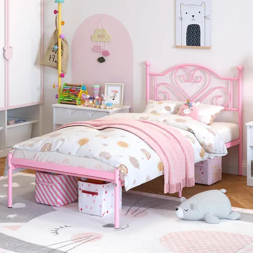 Miniatura 3 de Weehom Base de cama individual con cabecero, plataforma de metal resistente debajo de la cama, espacio de almacenamiento fácil de montar para niños