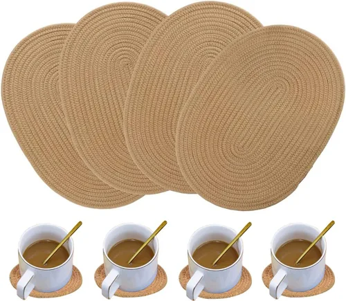 Miniatura 20 de Paquete de 4 manteles individuales de tejido ovalado y juego de 4 posavasos redondos de tela, manteles resistentes al calor, antideslizantes, Negro