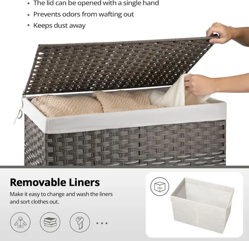 Miniatura 3 de OIAHOMY Cesta de Almacenamiento Grande con Tapa, 42.3 Galones (160L) Cesta para Mantas con Bolsa de Forro Extraíble, Cesto de Mimbre con Asa, Gris