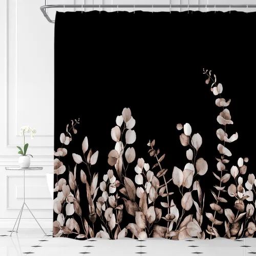 Miniatura 12 de Cortina de ducha floral negra elegante tulipán negro blanco y negro, diseño moderno de impresión artística única, juego de decoración de baño