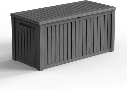 Miniatura 14 de Caja de almacenamiento impermeable para exteriores de 180 galones, caja de resina resistente a los rayos UV con varilla hidráulica para mayor 2-Gris