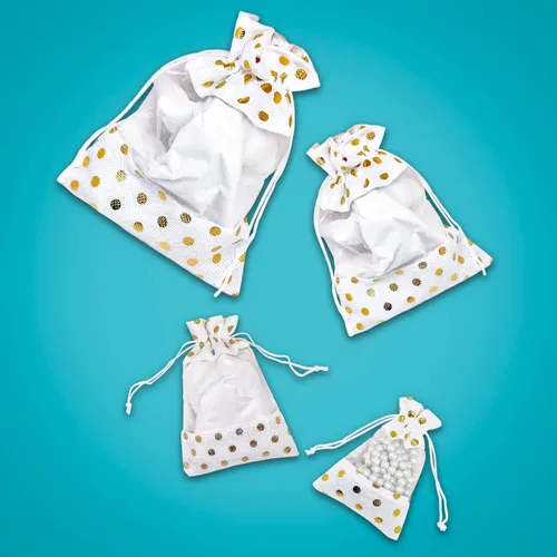 Miniatura 4 de Paquete de 12 bolsas de regalo pequeñas de lino, arpillera y organza con cordones (3.5 x 5.5 pulgadas, lunares blancos/dorados) - Recuerdos
