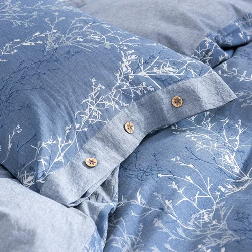 Miniatura 5 de Juego de funda de edredón tamaño matrimonial/queen, hilo de algodón lavado, jacquard azul y blanco, patrón de ramas finas estilo floral, juego