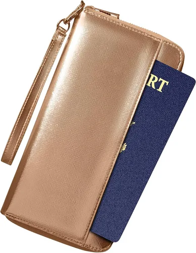 Miniatura 4 de Cartera de viaje organizador de documentos RFID pasaporte caso titular de la familia (oro rosa)