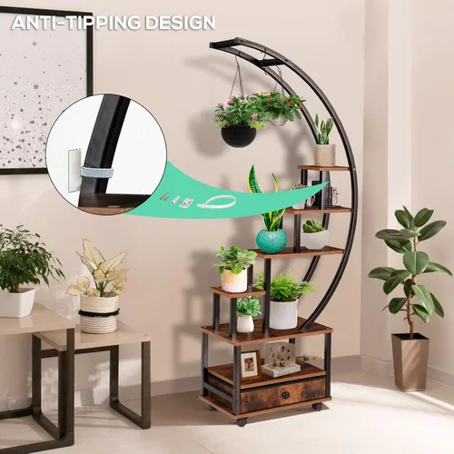 Miniatura 2 de Soporte para plantas de interior de media luna de 7 niveles con ruedas con bloqueo, estante para plantas de 71 pulgadas de alto con cajón