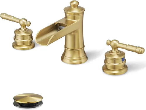 Grifo de Baño Dorado Cascada, Grifos de Baño de Latón de 4-16 Pulgadas 3 Agujeros, Extendido 2 Manijas con Manguera de Agua Preinstalada y Desagüe