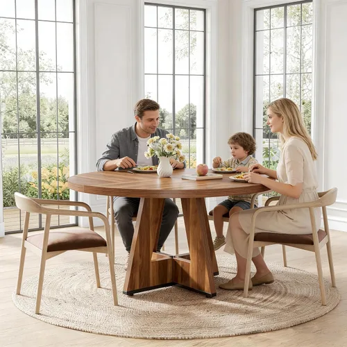 Miniatura 7 de LITTLE TREE Mesa de comedor redonda para 4-6 personas, mesa de comedor de 47 pulgadas con base de pedestal de madera, mesas de comedor marrones