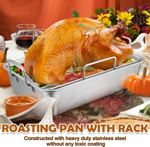 Miniatura 3 de Sartén para asar con estante para pavo y pollo, sartén para asar de acero inoxidable Joyfair y estante en V para horno tostador, utensilio de horneo